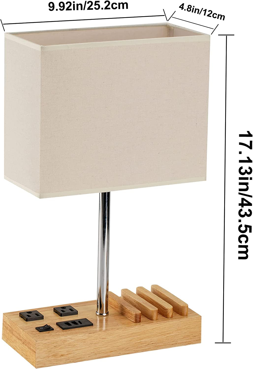 Dreamholder Desk Lamp with 3 USB Charging Ports, Table Lamp with 2AC Outlets and 3 Phone Stands, Nightstand Bedside Lamp with Natural Wooden Base and Cream Linen Shade