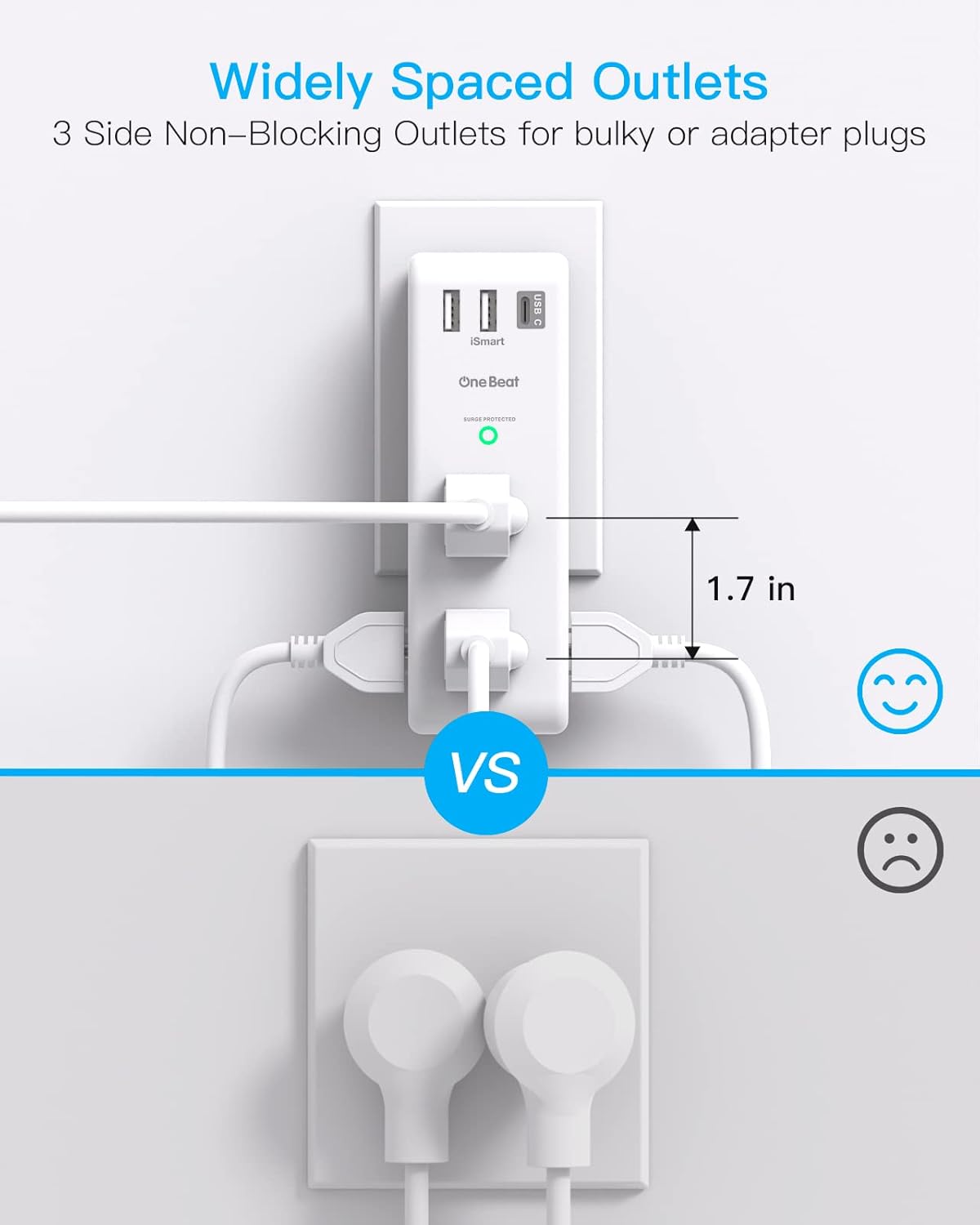 Surge Protector Outlet Extender - with Rotating Plug, 6 AC Multi Plug Outlet with 3 USB Ports (1 USB C), 1800J Wall Charger, 3-Sided Power Strip with Spaced Outlet Splitter for Home, Office, Travel