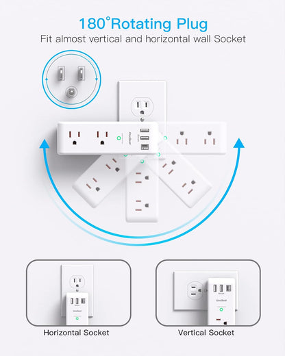 Surge Protector Outlet Extender - with Rotating Plug, 6 AC Multi Plug Outlet with 3 USB Ports (1 USB C), 1800J Wall Charger, 3-Sided Power Strip with Spaced Outlet Splitter for Home, Office, Travel