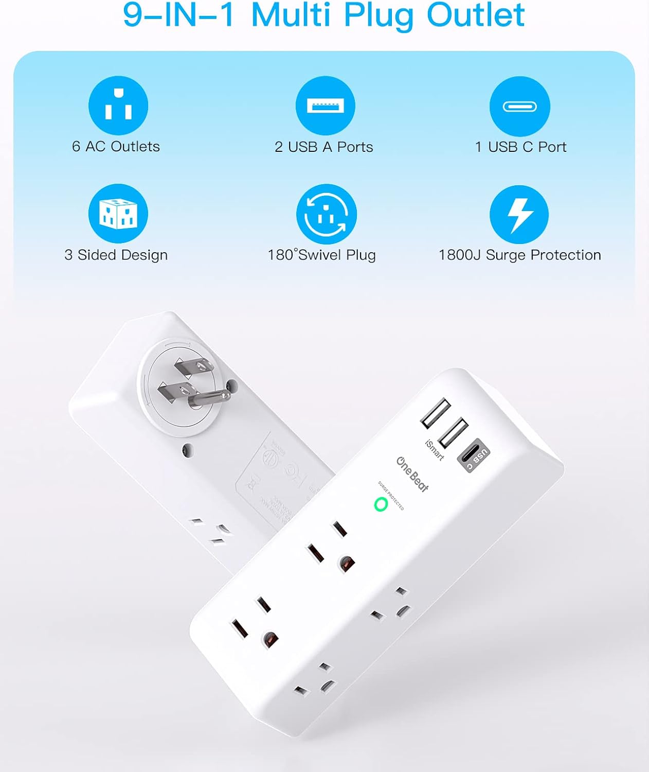 Surge Protector Outlet Extender - with Rotating Plug, 6 AC Multi Plug Outlet with 3 USB Ports (1 USB C), 1800J Wall Charger, 3-Sided Power Strip with Spaced Outlet Splitter for Home, Office, Travel