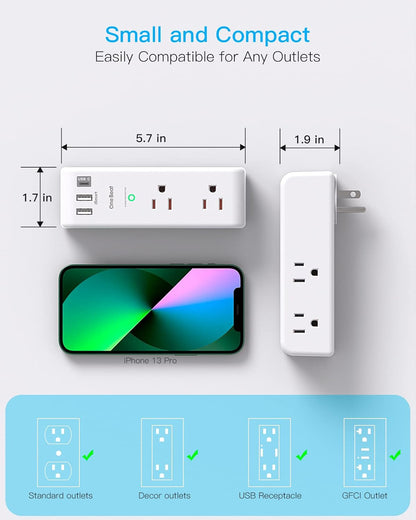 Surge Protector Outlet Extender - with Rotating Plug, 6 AC Multi Plug Outlet with 3 USB Ports (1 USB C), 1800J Wall Charger, 3-Sided Power Strip with Spaced Outlet Splitter for Home, Office, Travel