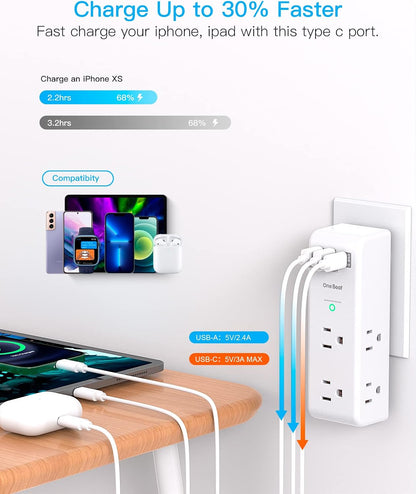 Surge Protector Outlet Extender - with Rotating Plug, 6 AC Multi Plug Outlet with 3 USB Ports (1 USB C), 1800J Wall Charger, 3-Sided Power Strip with Spaced Outlet Splitter for Home, Office, Travel