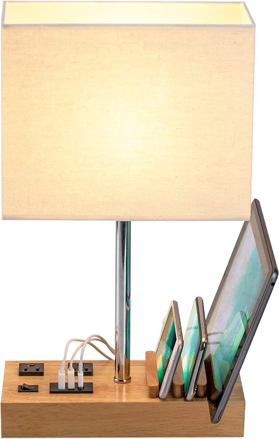 Dreamholder Desk Lamp with 3 USB Charging Ports, Table Lamp with 2AC Outlets and 3 Phone Stands, Nightstand Bedside Lamp with Natural Wooden Base and Cream Linen Shade