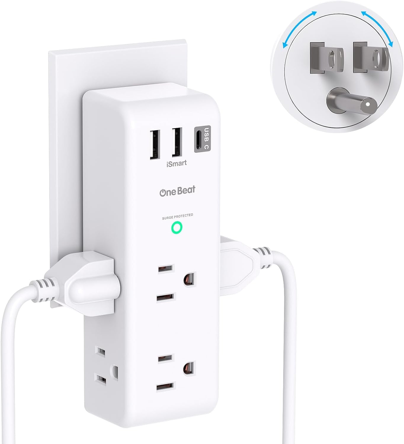 Surge Protector Outlet Extender - with Rotating Plug, 6 AC Multi Plug Outlet with 3 USB Ports (1 USB C), 1800J Wall Charger, 3-Sided Power Strip with Spaced Outlet Splitter for Home, Office, Travel