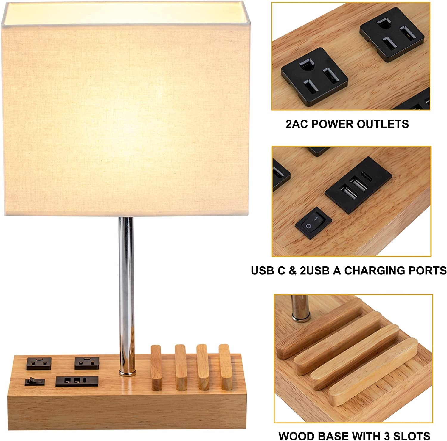 Dreamholder Desk Lamp with 3 USB Charging Ports, Table Lamp with 2AC Outlets and 3 Phone Stands, Nightstand Bedside Lamp with Natural Wooden Base and Cream Linen Shade