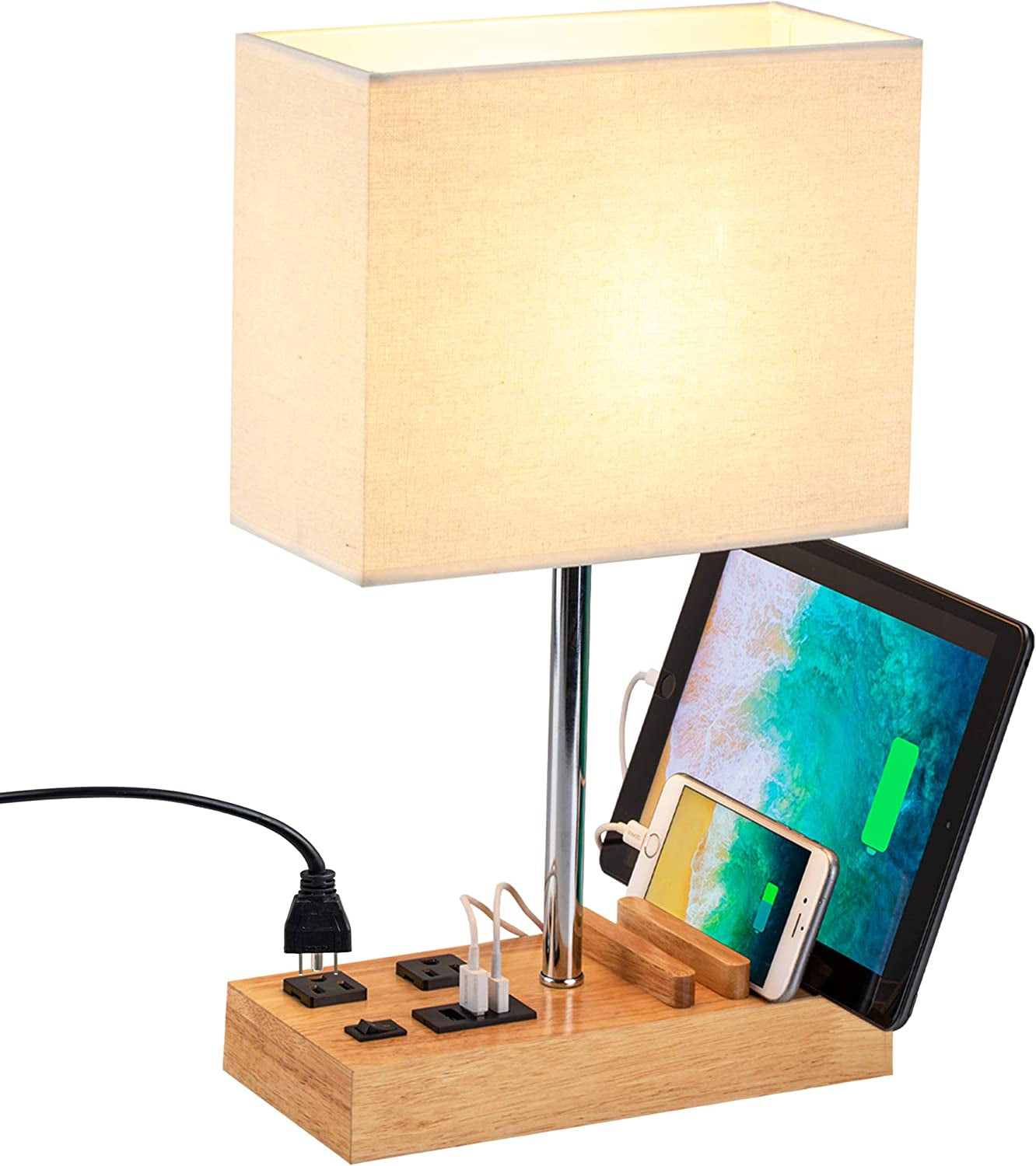 Dreamholder Desk Lamp with 3 USB Charging Ports, Table Lamp with 2AC Outlets and 3 Phone Stands, Nightstand Bedside Lamp with Natural Wooden Base and Cream Linen Shade